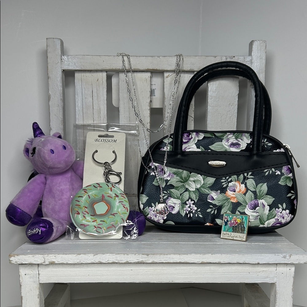 Floral Mini Bag Set - Lapel Pin, Scentsy Buddy, Donut Mirror & Beach Necklace